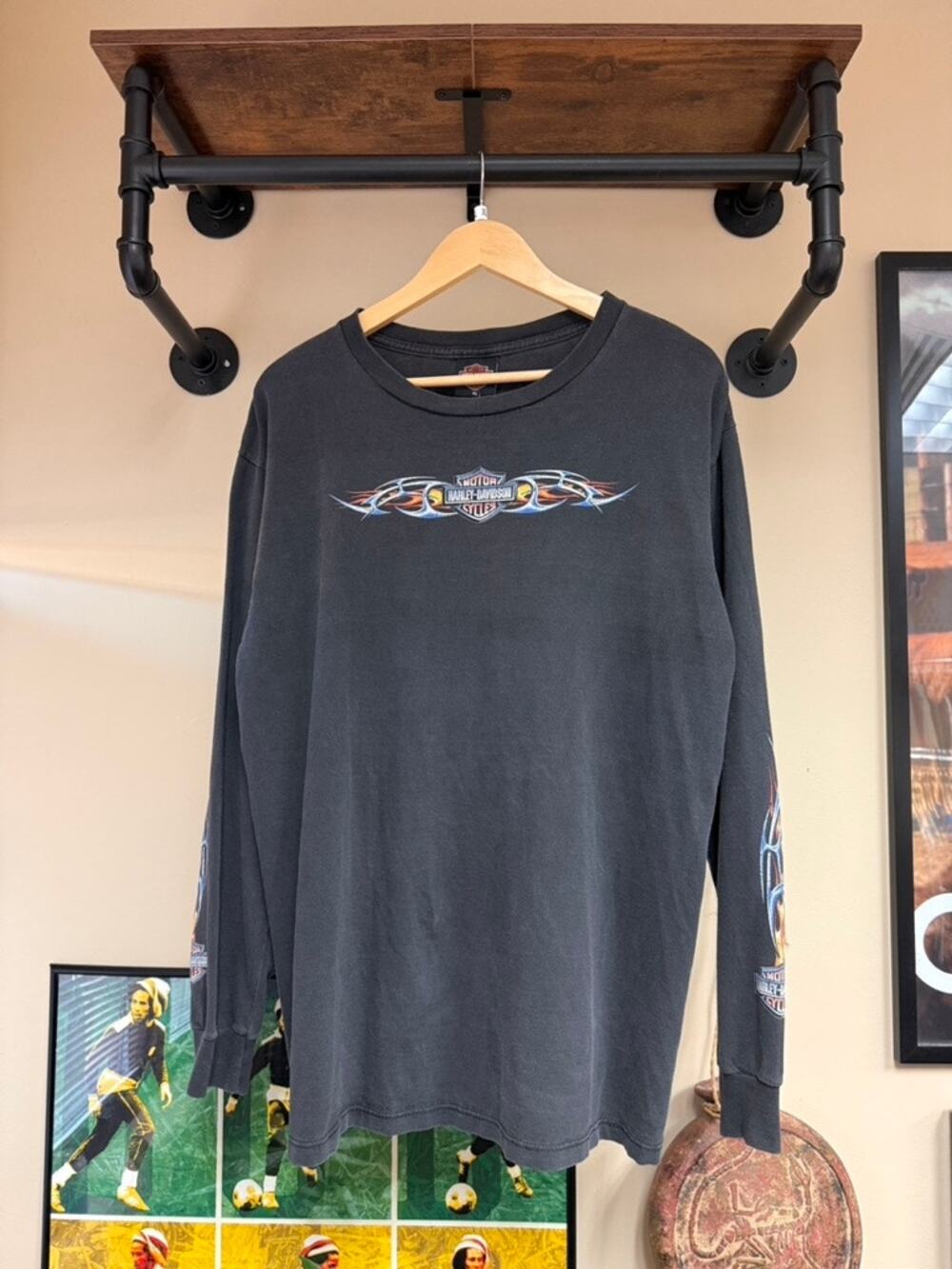 2001 Harley Davidson Savannah Georgia Long Sleeve Vintage Tee Shirt Chrome Flame